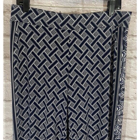 WHITE HOUSE BLACK MARKET Navy Blue White Basket Weave Pull On Wide Leg Pants M - Picture 4 of 12
